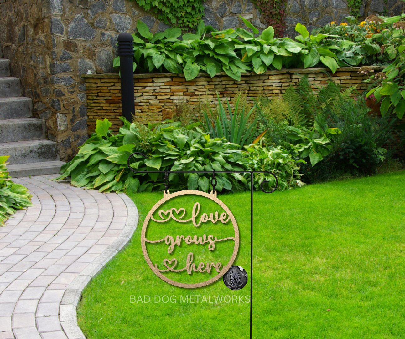 Love Grows Here Metal Garden Flag