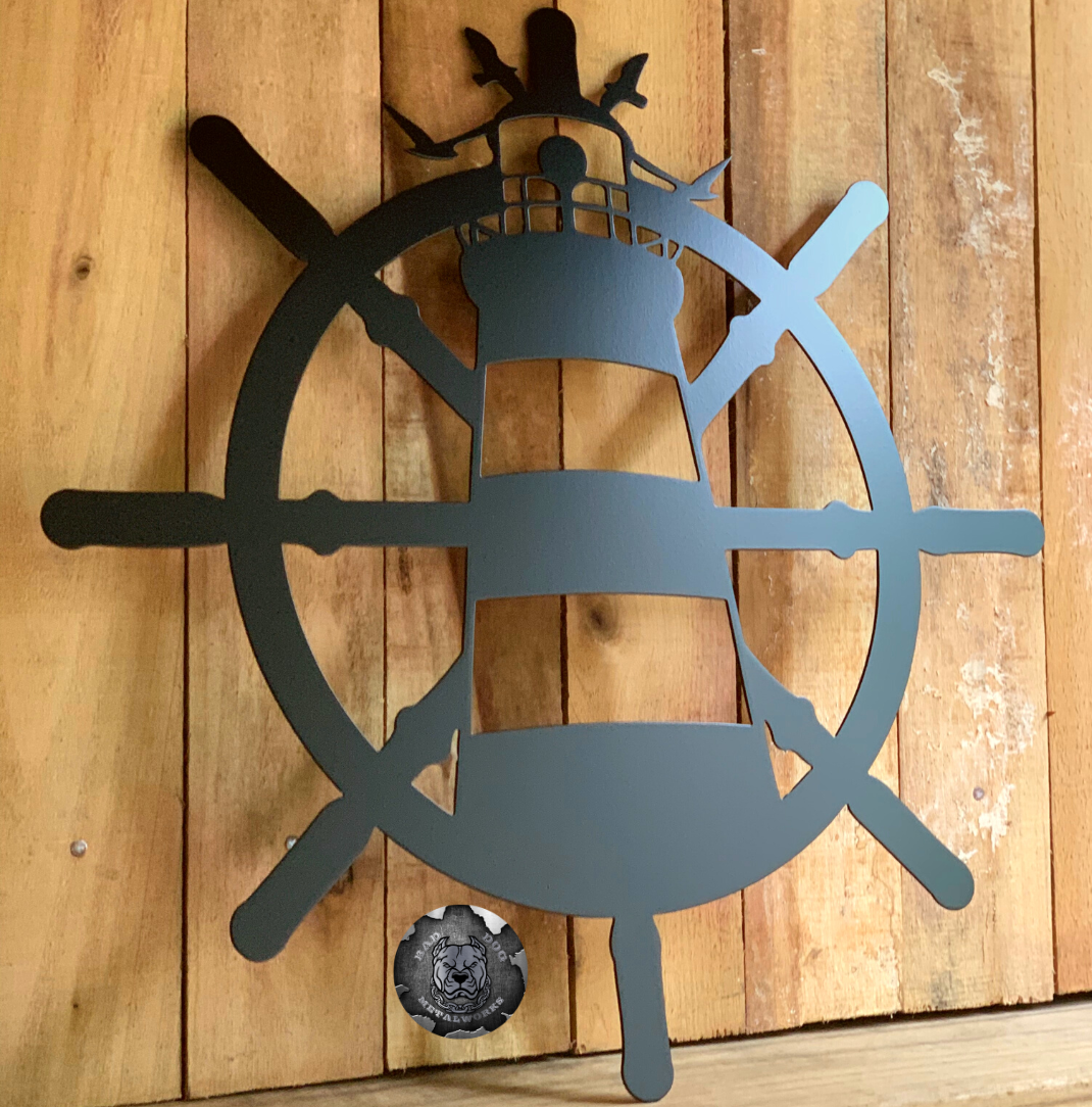 Lighthouse and Ship Wheel