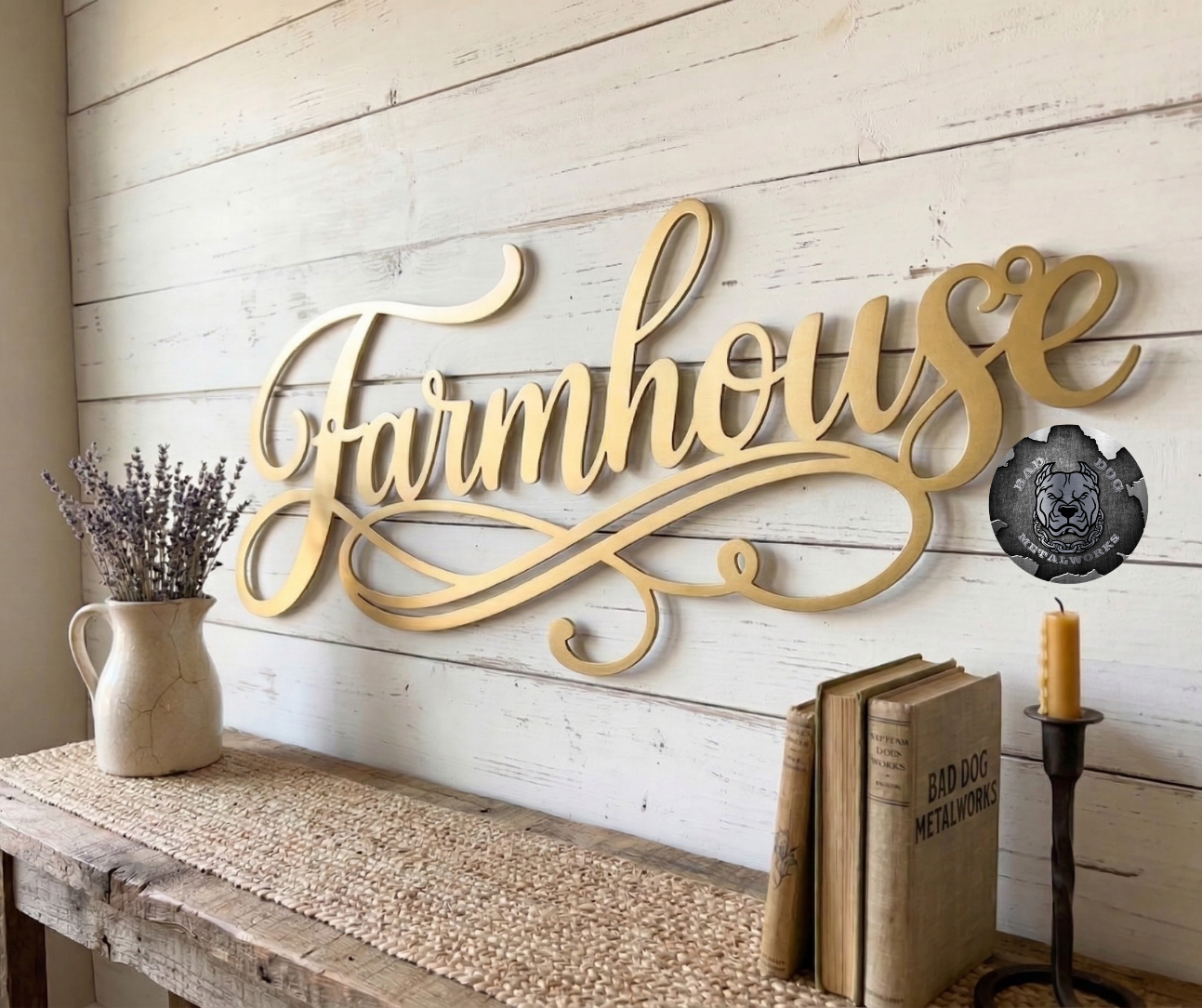 Metal 'Farmhouse' script sign in Spanish Gold