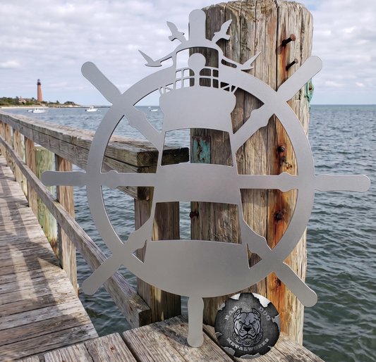 Lighthouse and Ship Wheel
