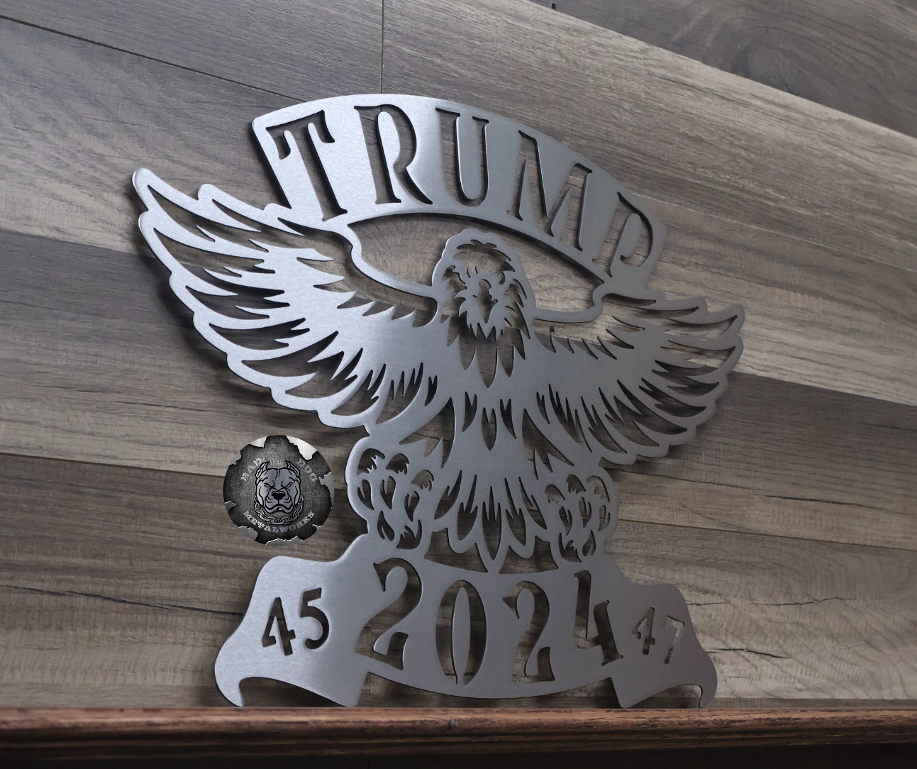 Trump 2024 45/47 Eagle in bare metal from Bad Dog Metalworks