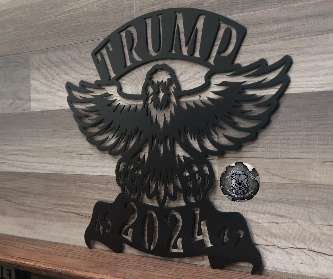 Trump 2024 45/47 Eagle in black from Bad Dog Metalworks